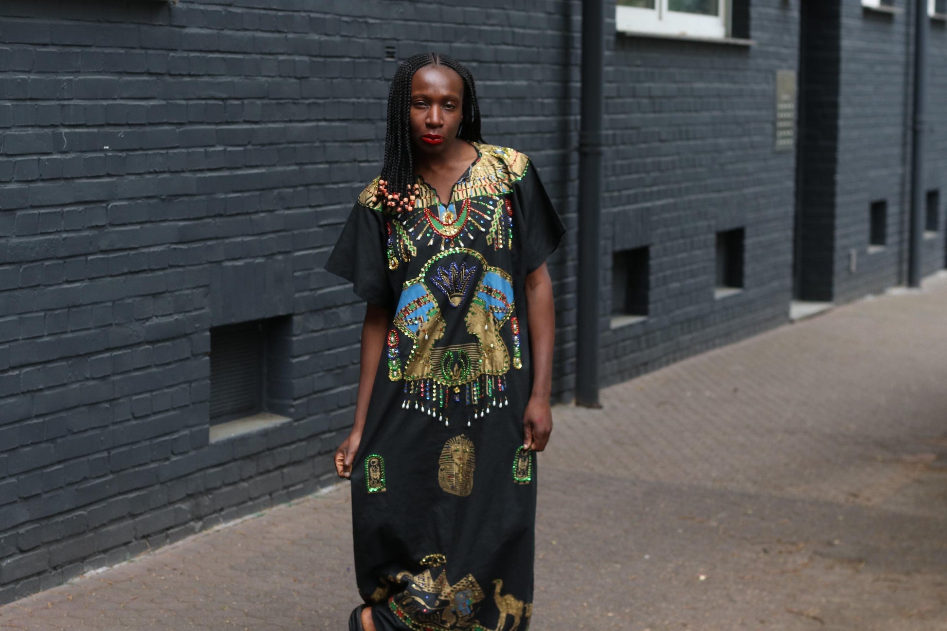 Vintage Egyptian Kaftan Dress Black Gold Beaded Maxi Caftan Embroidered 70s Boho