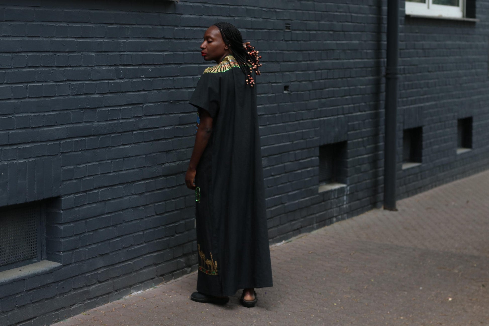 Vintage Egyptian Kaftan Dress Black Gold Beaded Maxi Caftan Embroidered 70s Boho
