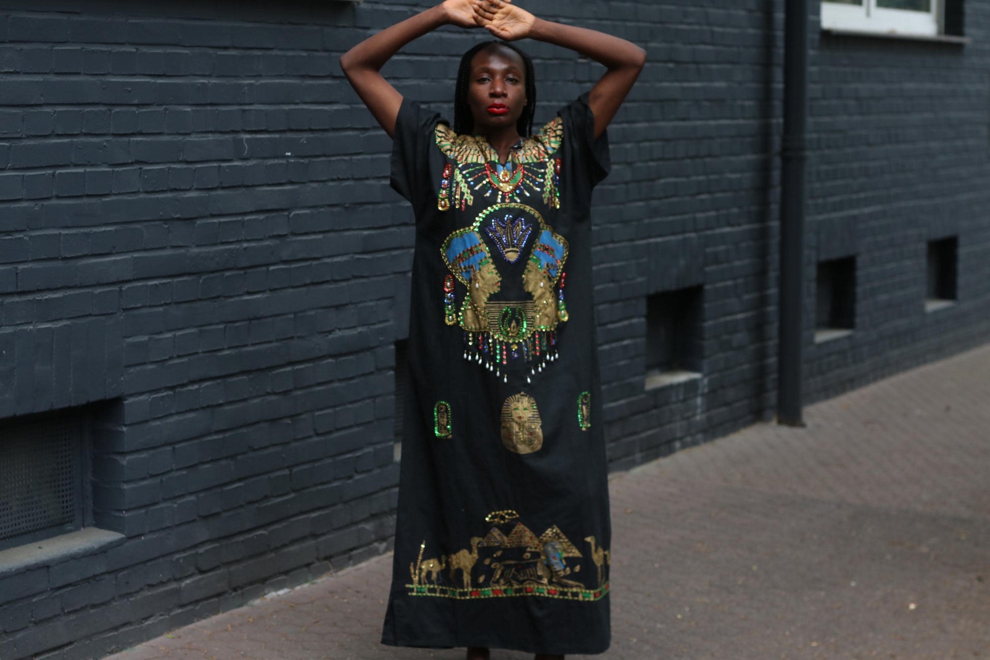 Vintage Egyptian Kaftan Dress Black Gold Beaded Maxi Caftan Embroidered 70s Boho