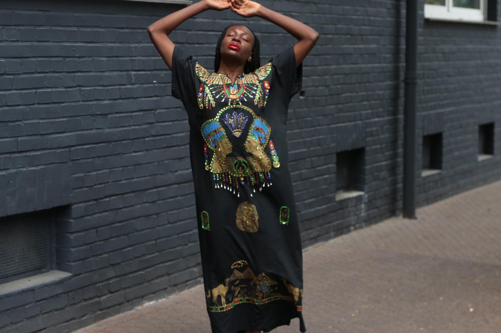 Vintage Egyptian Kaftan Dress Black Gold Beaded Maxi Caftan Embroidered 70s Boho