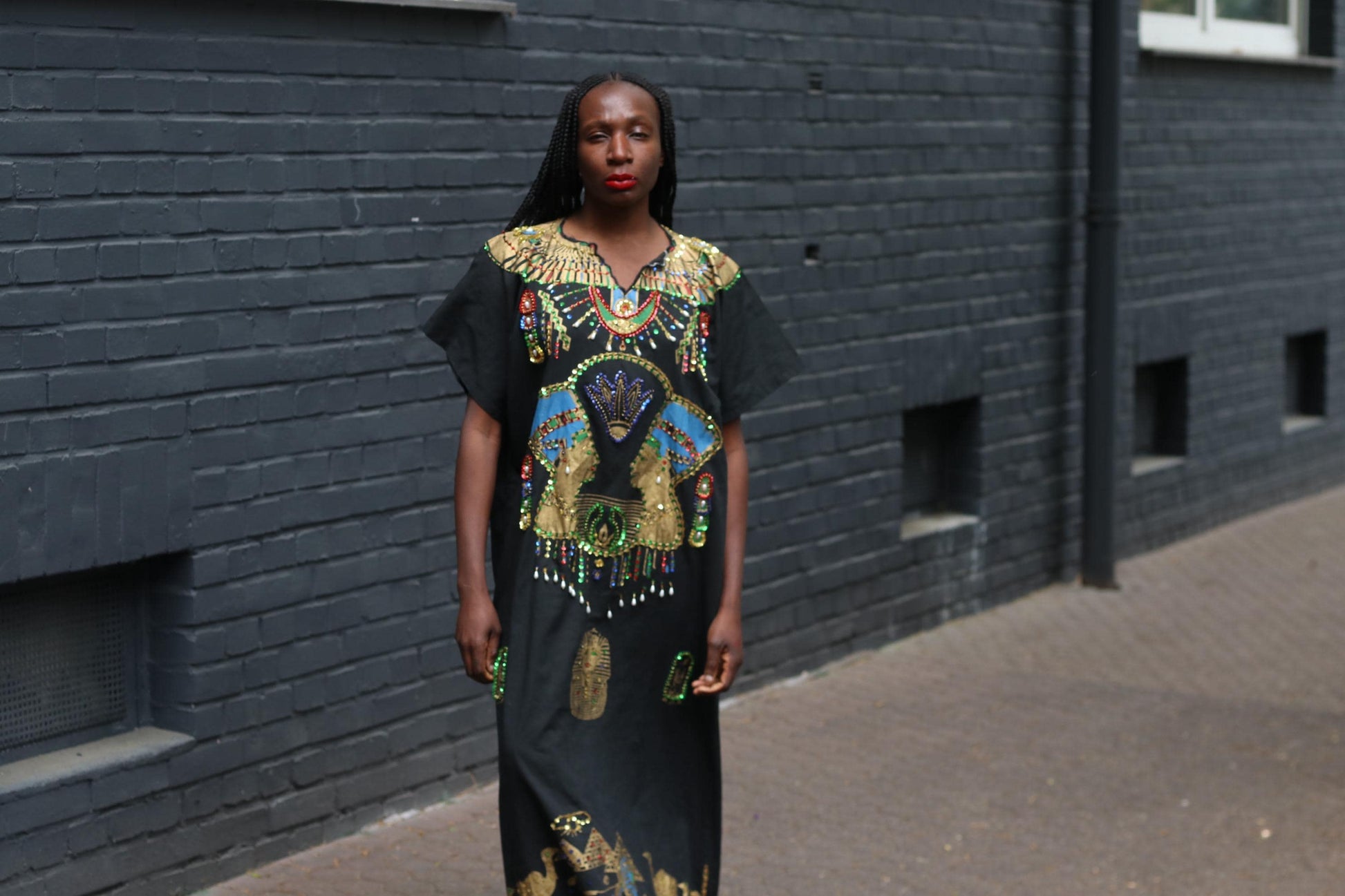 Vintage Egyptian Kaftan Dress Black Gold Beaded Maxi Caftan Embroidered 70s Boho