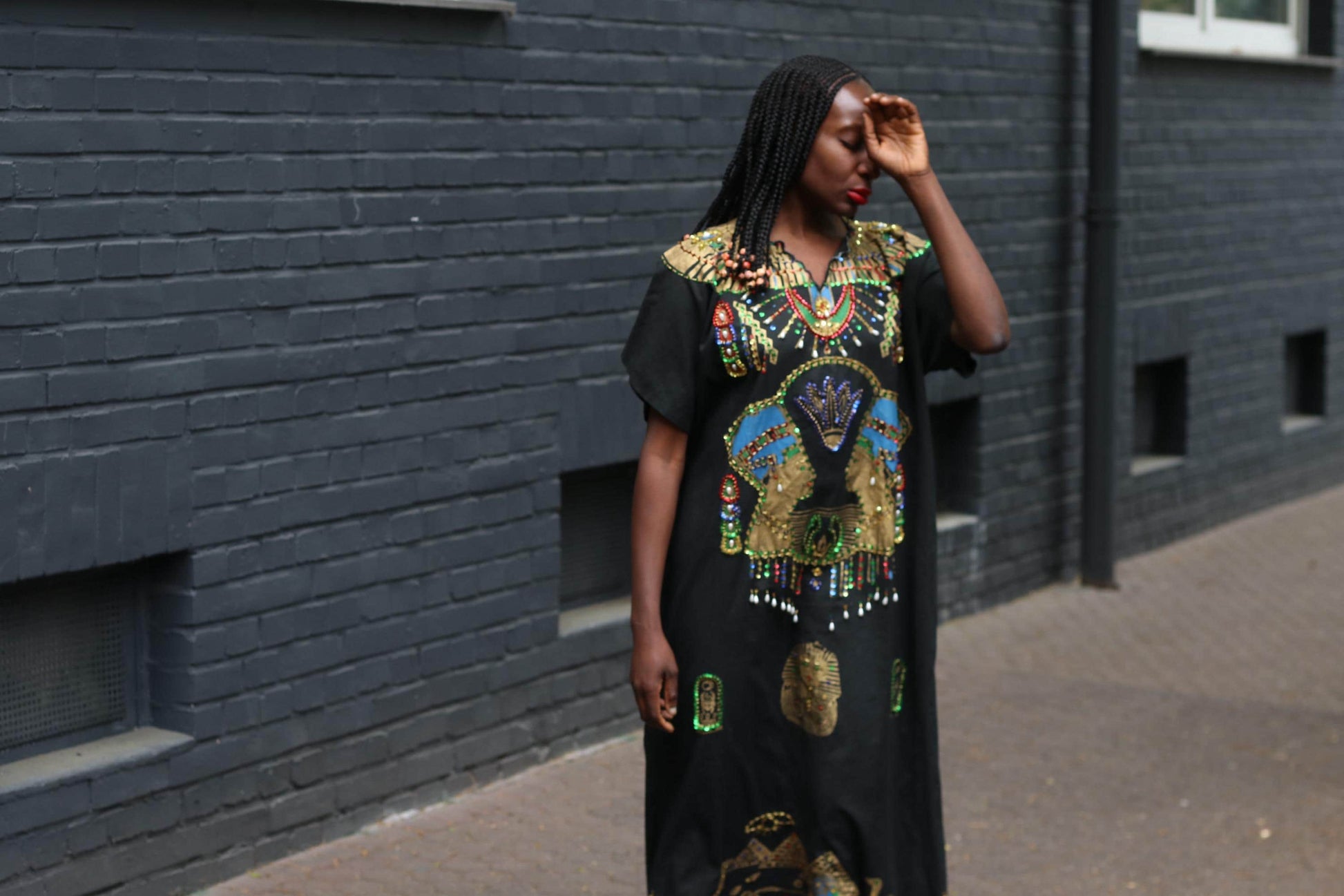 Vintage Egyptian Kaftan Dress Black Gold Beaded Maxi Caftan Embroidered 70s Boho