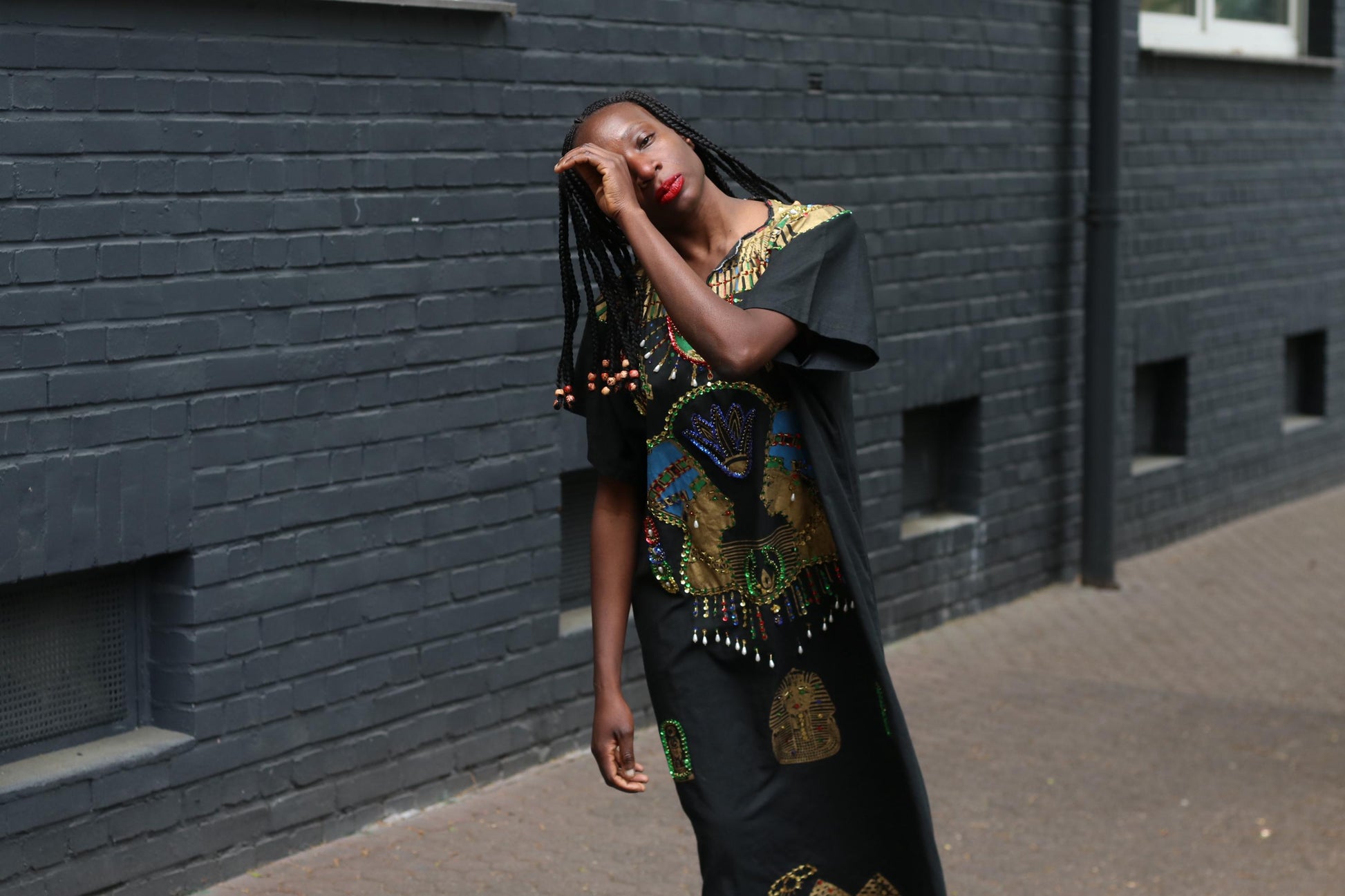 Vintage Egyptian Kaftan Dress Black Gold Beaded Maxi Caftan Embroidered 70s Boho