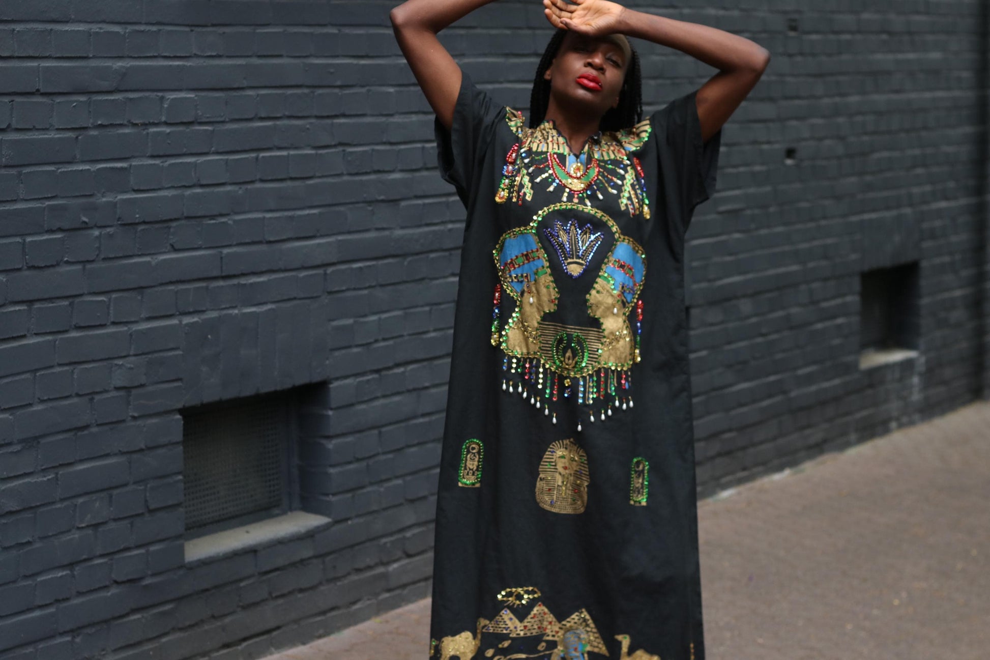 Vintage Egyptian Kaftan Dress Black Gold Beaded Maxi Caftan Embroidered 70s Boho