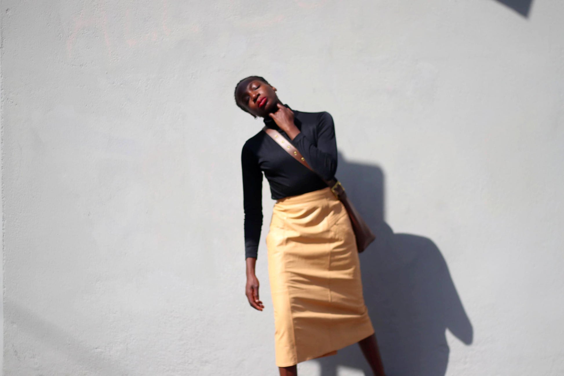 Vintage Leather Skirt - 80s Camel Tan Midi Skirt | Minimalist A-Line