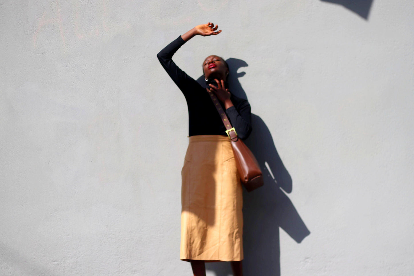 Vintage Leather Skirt - 80s Camel Tan Midi Skirt | Minimalist A-Line