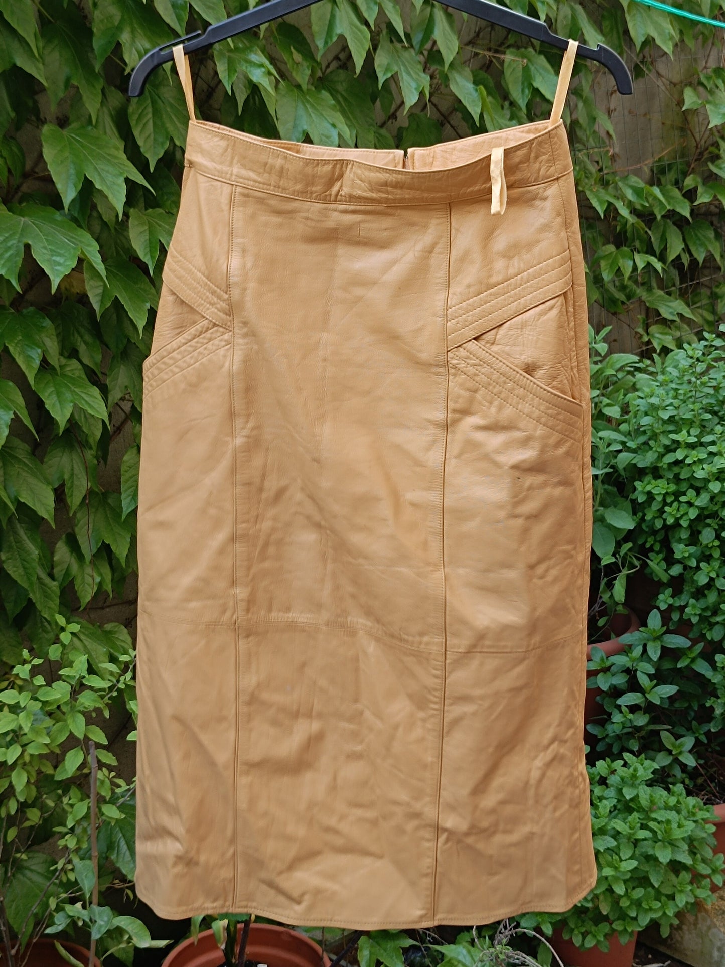 Vintage Leather Skirt - 80s Camel Tan Midi Skirt | Minimalist A-Line