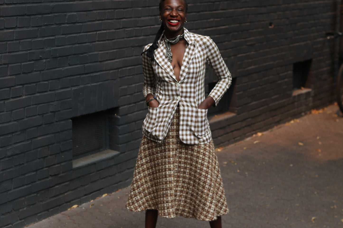 Gingham Blazer Jacket | Vintage French Brown White | Fits XS S