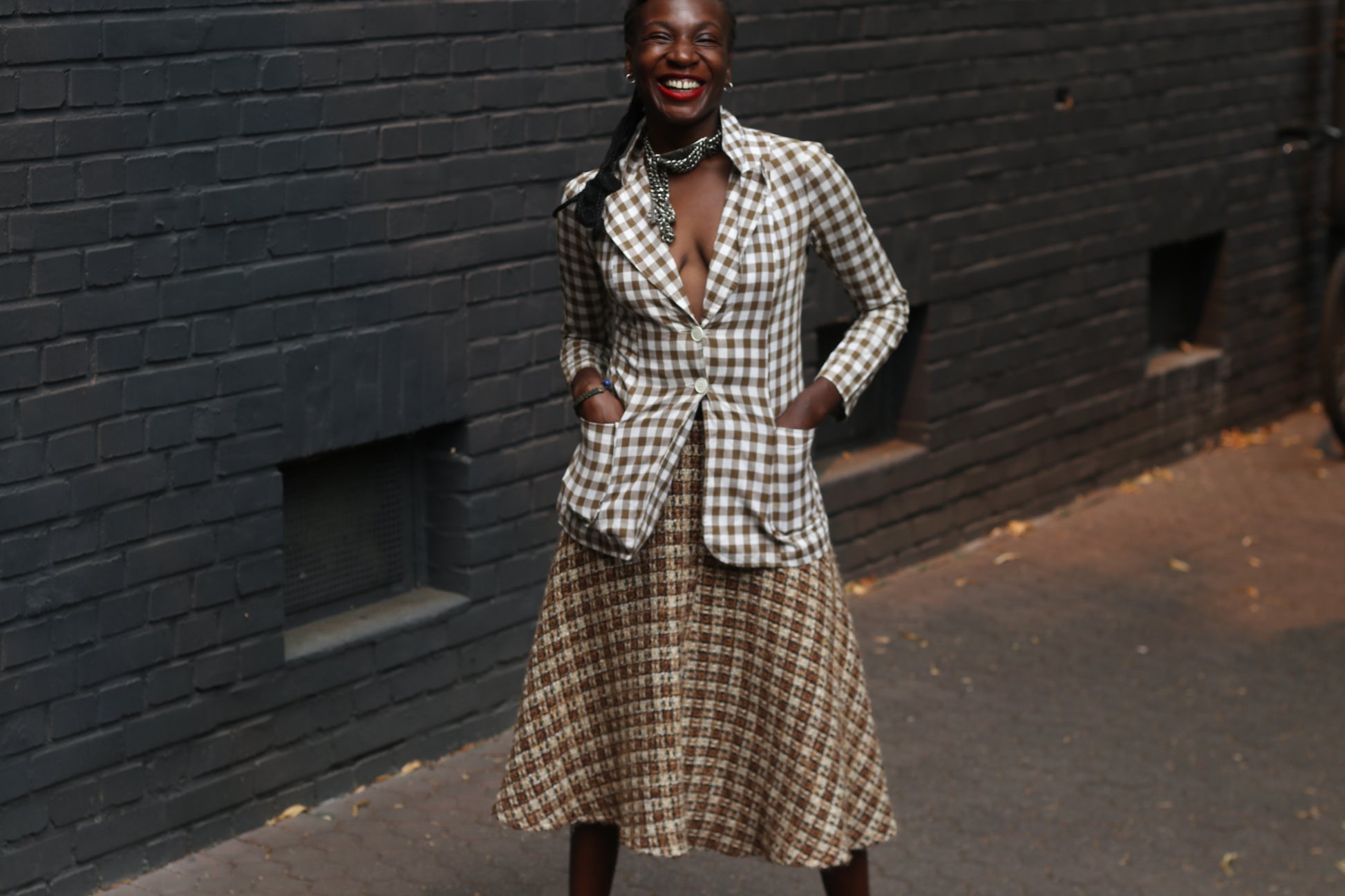 Gingham Blazer Jacket | Vintage French Brown White | Fits XS S