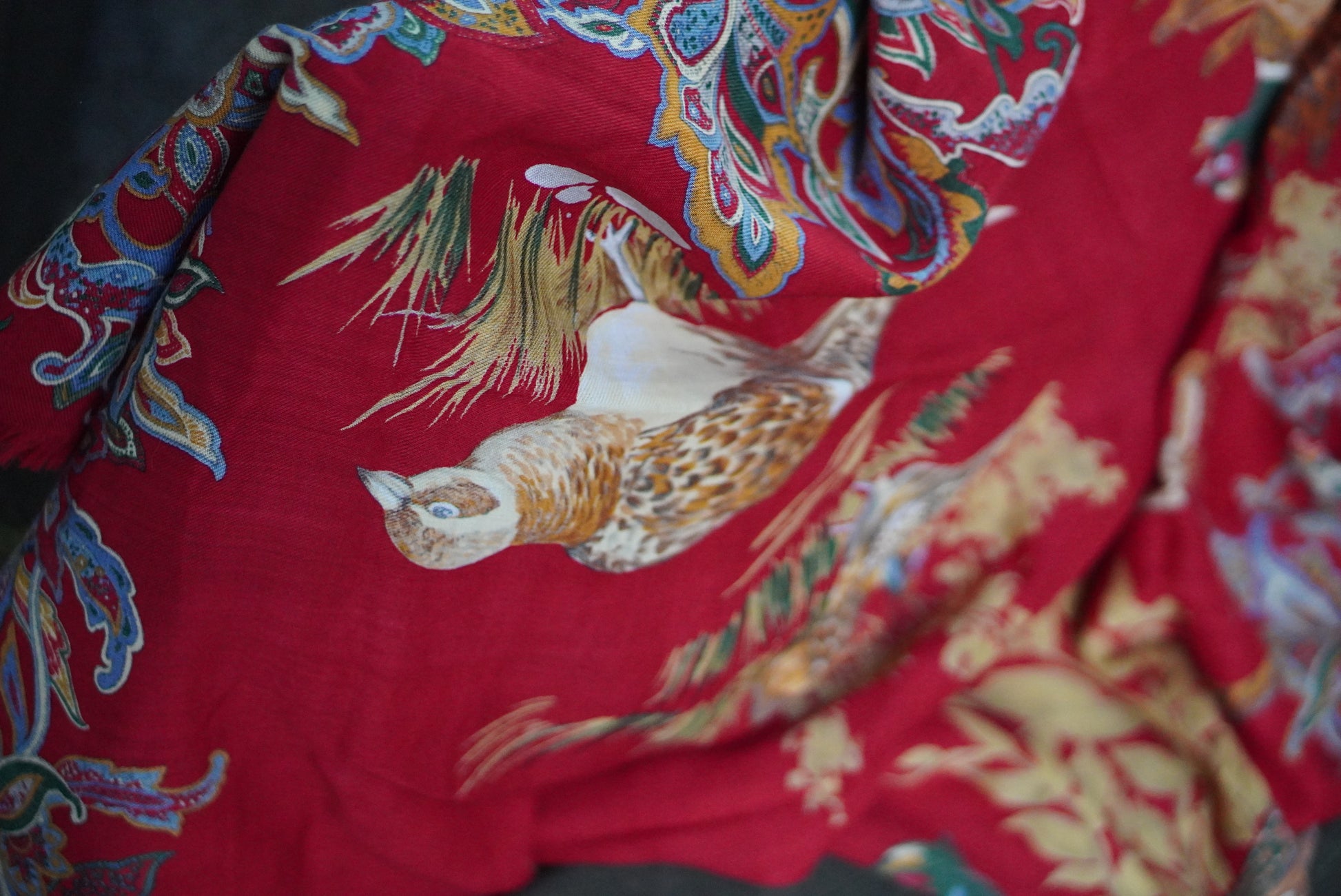 Vintage Red Wool Scarf Paisley Pheasant Shawl 1980s Folk Fringe Wrap Square Large