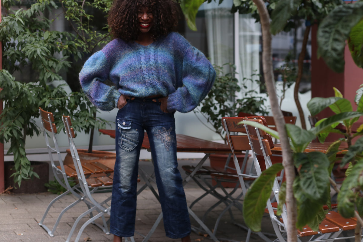 V-Neck Cable Knit Sweater | Vintage 80s Blue Puff Sleeve Jumper M