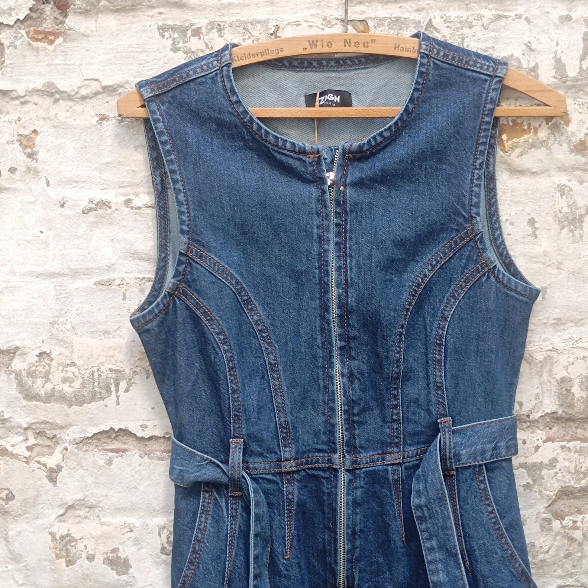 Zign Studio Organic Denim Midi Dress - Sleeveless Belted Jean Dress Blue S