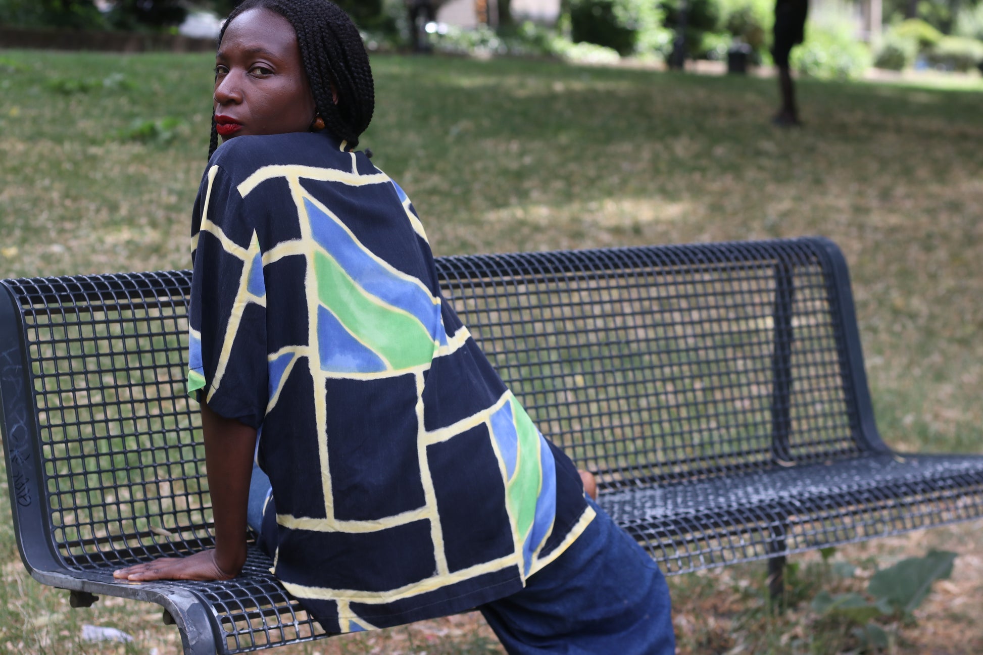 Vintage 90s Abstract Geometric Short Sleeve Blouse Rayon Festival Graphic Shirt