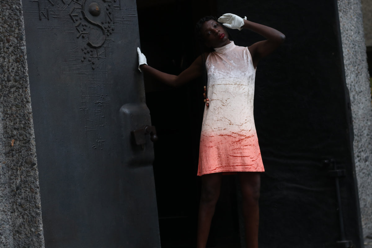 Vintage Ombre Velvet Mini Dress - 90s Peach Mock Neck Shift XS S