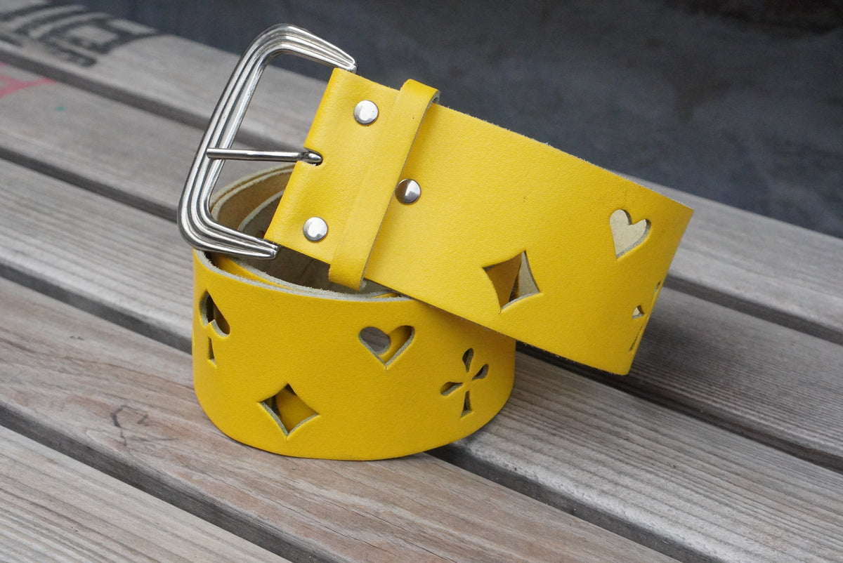 Vintage 90s Yellow Leather Belt - Playing Card Suit Cutouts