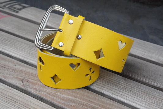 Vintage 90s Yellow Leather Belt - Playing Card Suit Cutouts