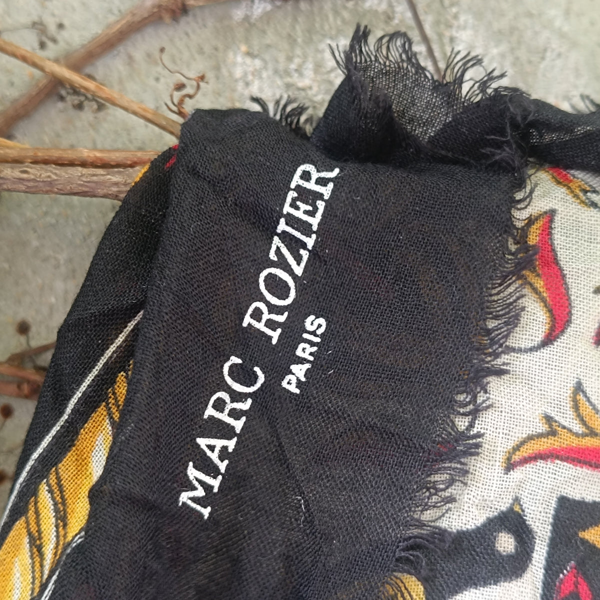 Marc Rozier Paris Vintage Scarf - Floral Mandala Wool Blend Wrap - Black Gold