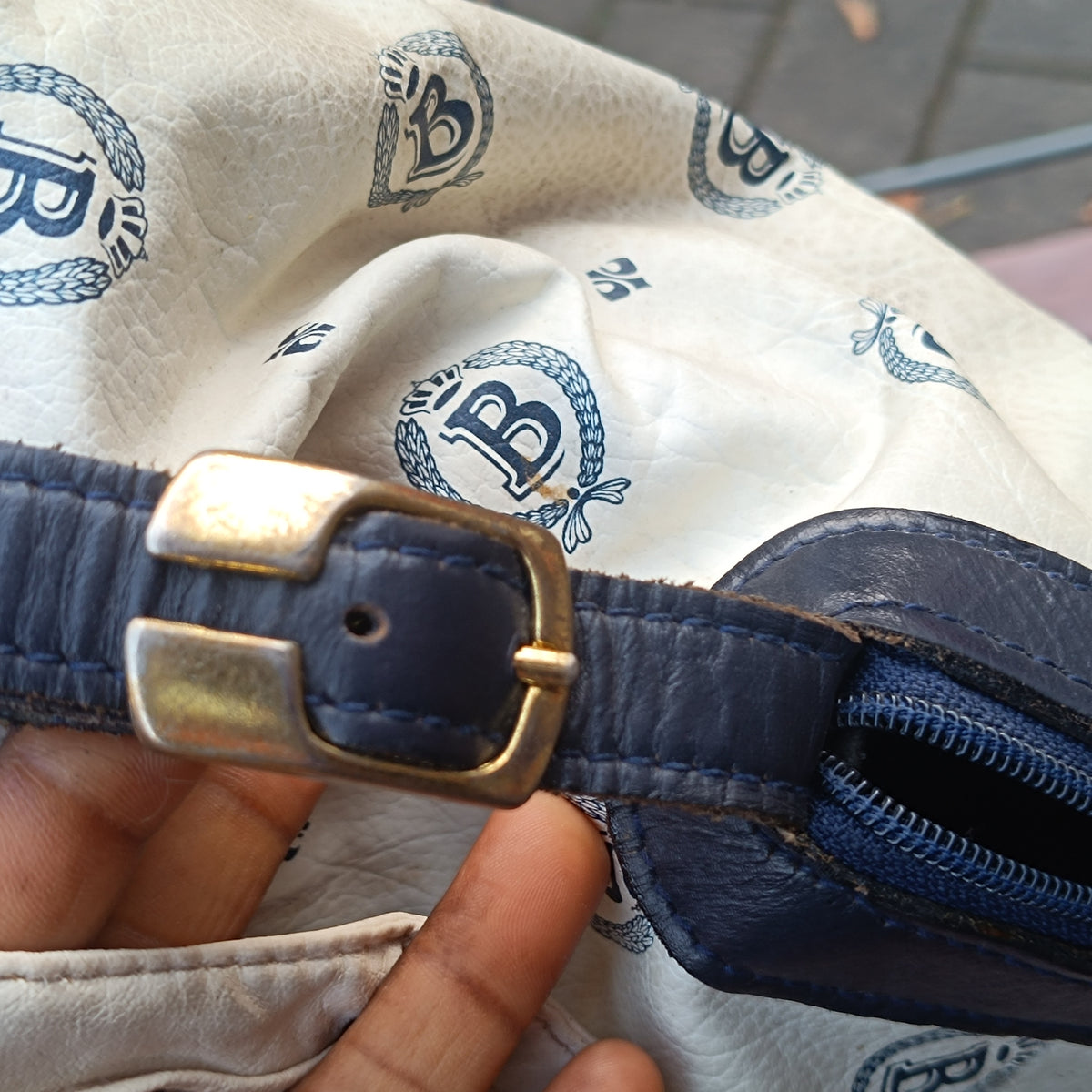 Vintage Michael Bocheim Monogram Boston Bag | 90s Chic Cream & Navy Handbag