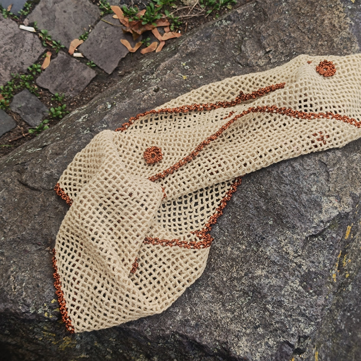 Crochet Mesh Scarf | Vintage 90s Beige Metallic Trim | One Size