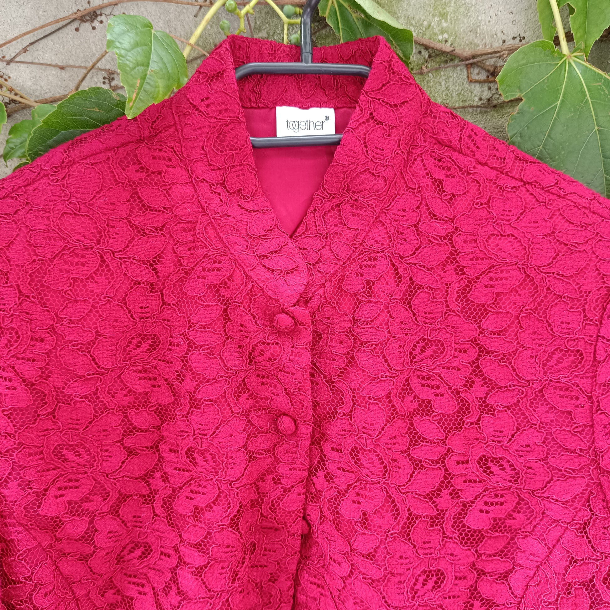 Red Lace Blouse Vintage 90s Mandarin Collar Shirt Short Sleeve | Fits S/M
