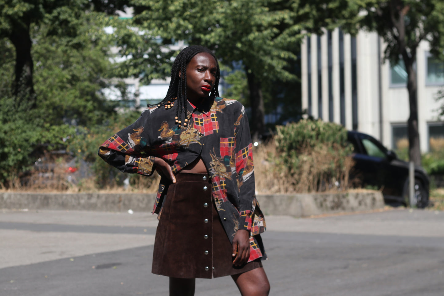 Vintage 90s Duck Pattern Shirt - Retro Plaid Button Up Blouse - L