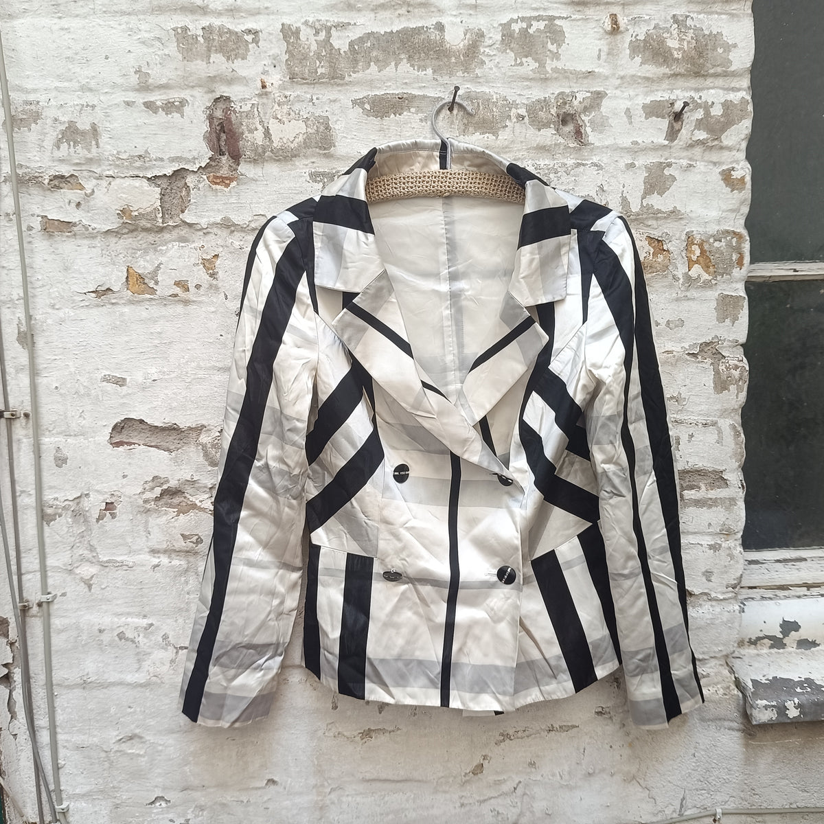 Vintage Striped Blazer | 90s Black White Geometric Jacket | Vera Mont S