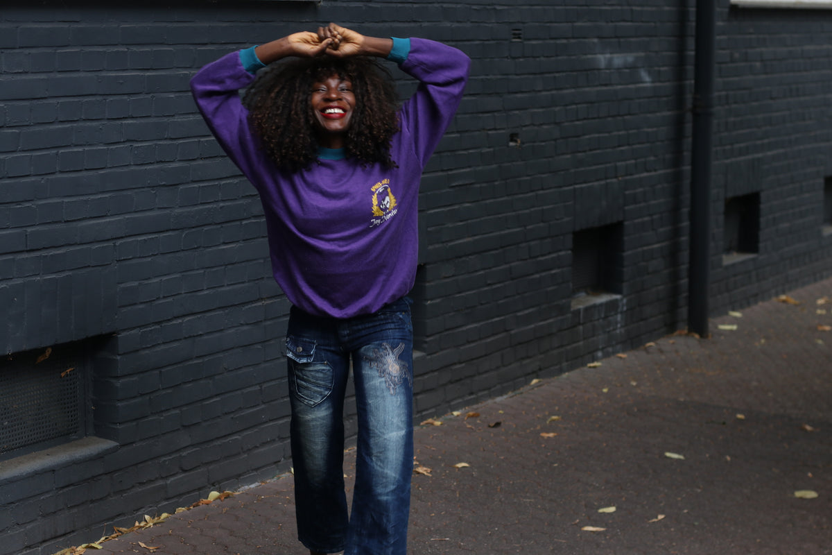 Vintage 80s Purple Sweatshirt Graphic Pullover Teal Trim - Size M