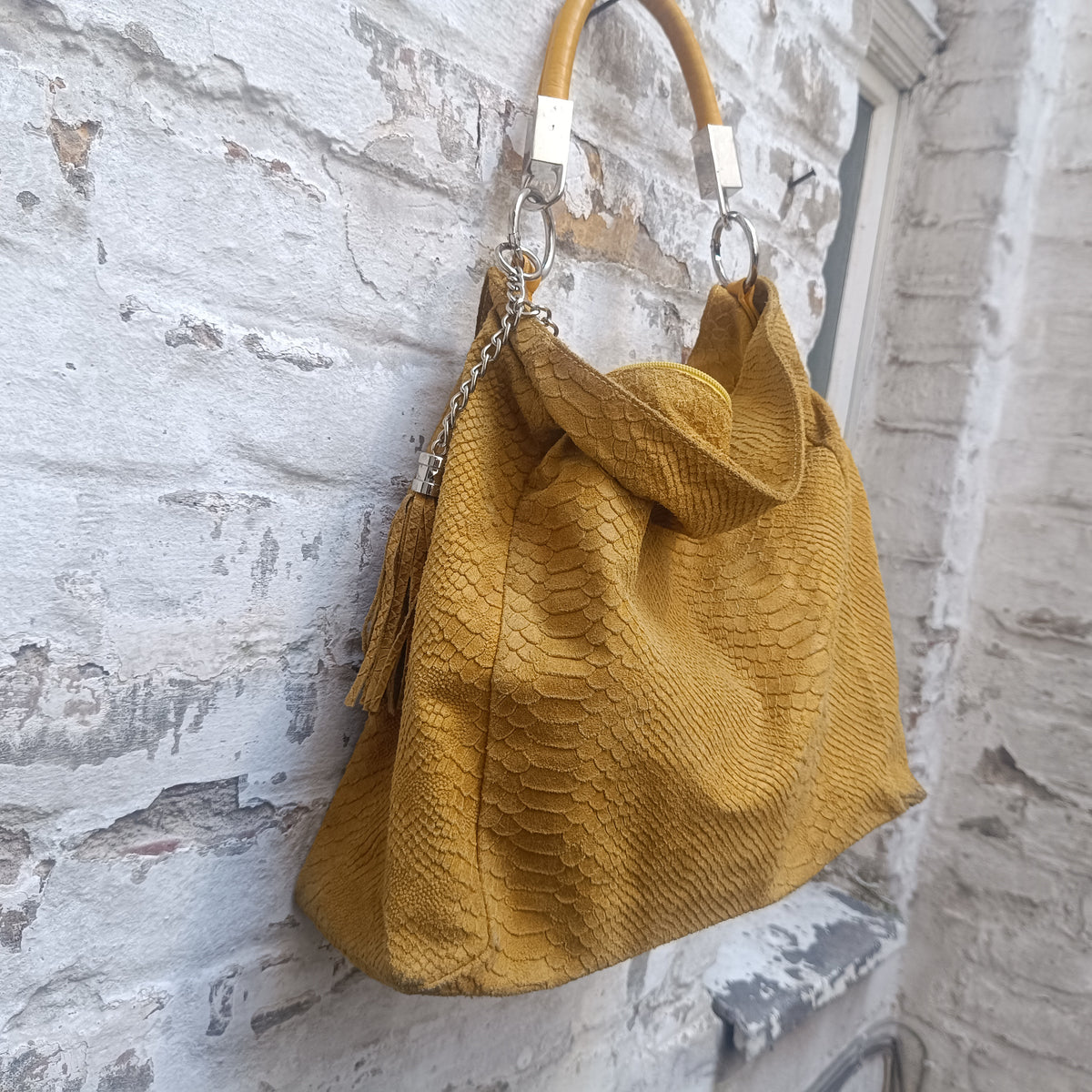 Yellow Snake Print Leather Hobo Bag - Vintage Italian Shoulder Purse