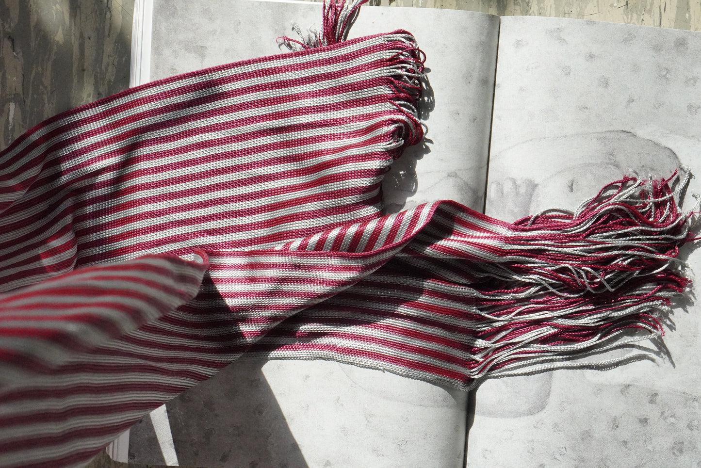 Vintage Burgundy Silver Striped Scarf Fringe Woven Retro Unisex Wrap Shawl
