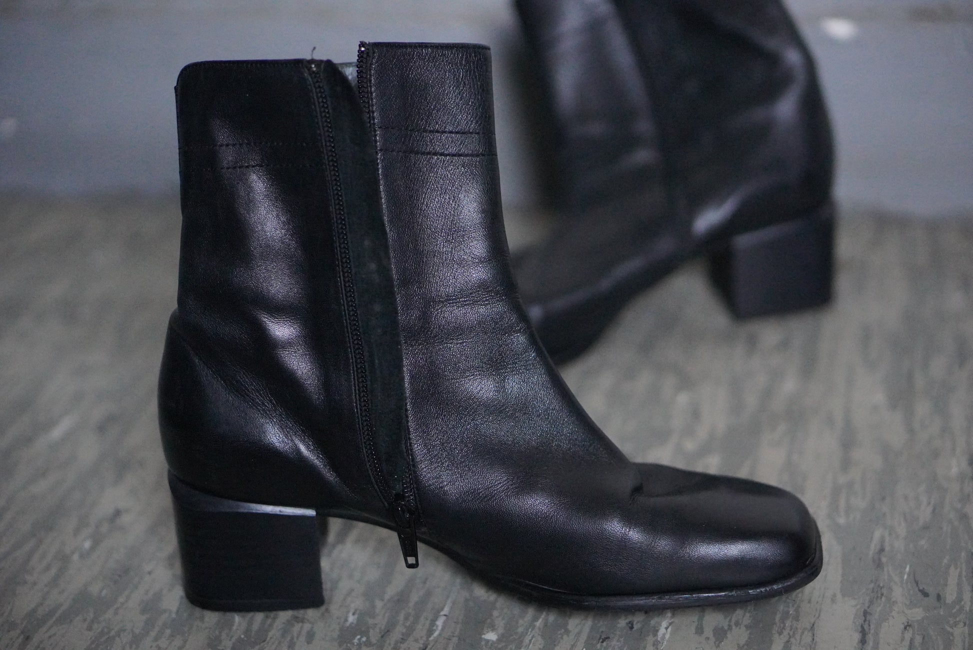 Vintage 90s Black Leather Ankle Boots | Square Toe Block Heel | Fits EU 38.5 UK 5.5