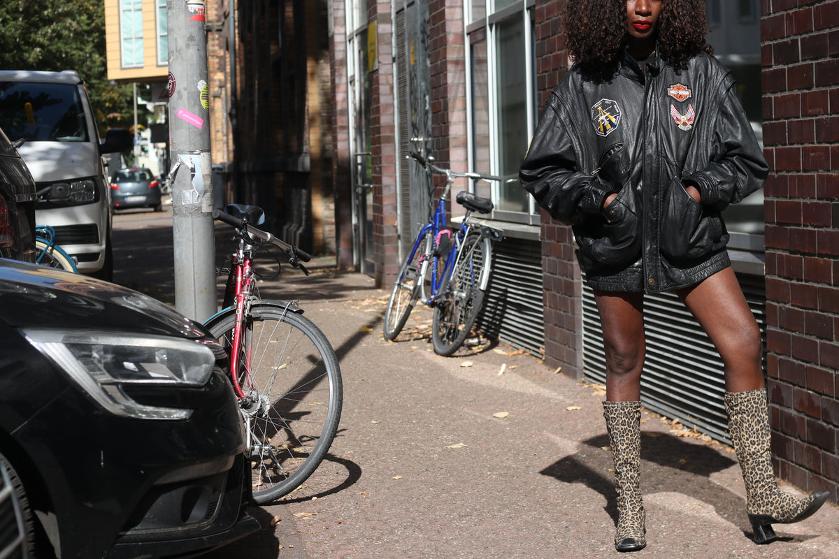 Vintage Leather Bomber Jacket - 90s Black Patch Flight Coat | L/XL