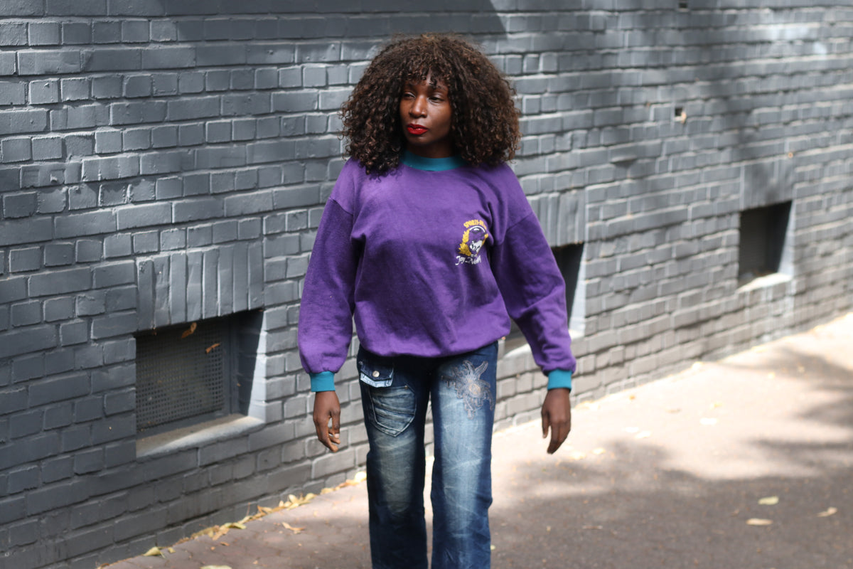 Vintage 80s Purple Sweatshirt Graphic Pullover Teal Trim - Size M