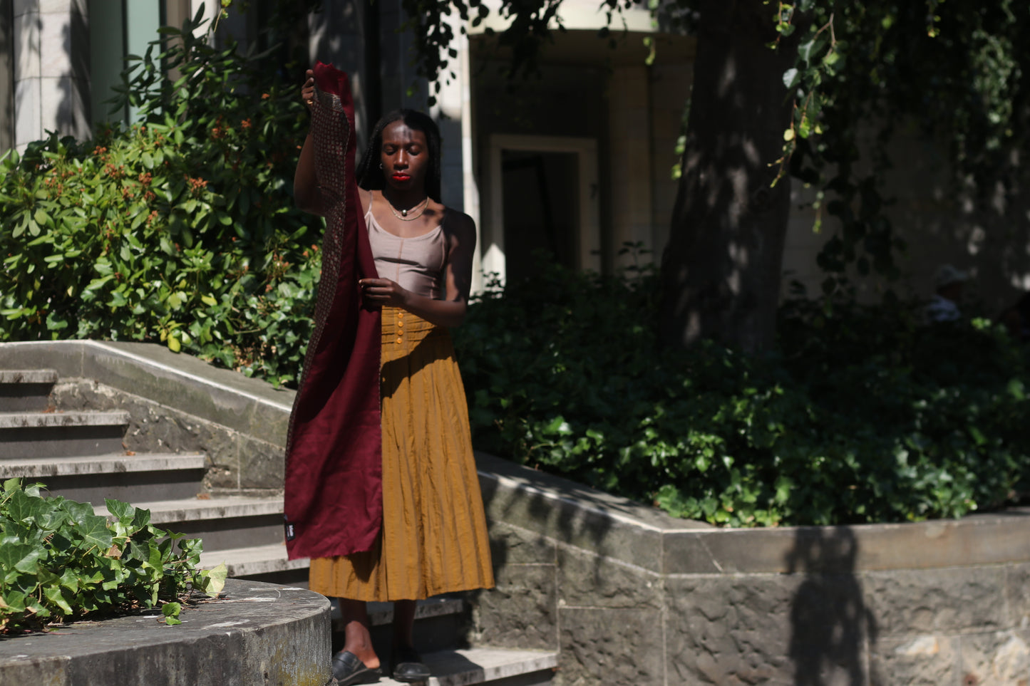 Vintage 70s Mustard Gold Maxi Skirt - Striped Boho Pleated Long Skirt