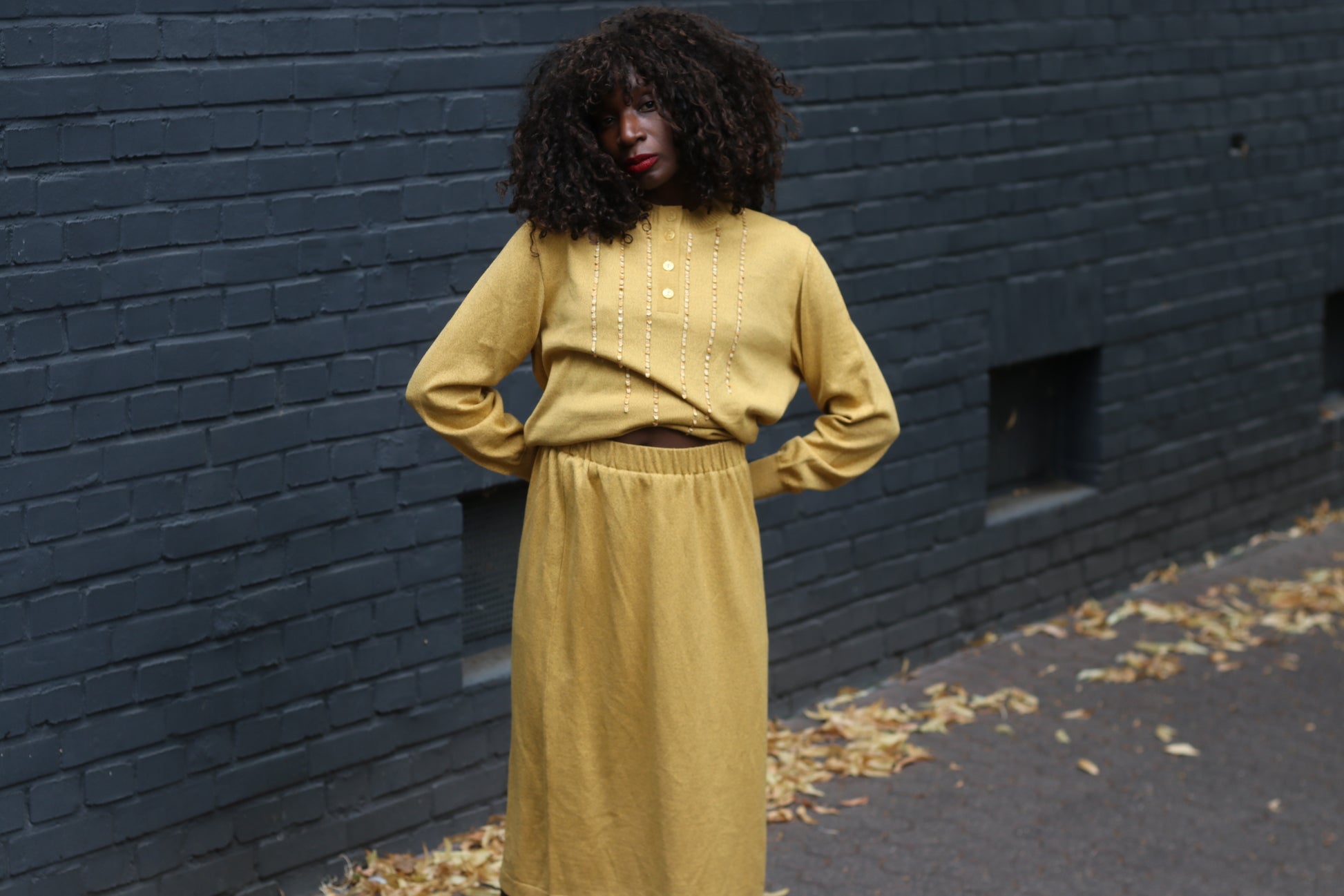 Vintage Wool Knit Skirt Set | 1980s Mustard Yellow Two Piece M