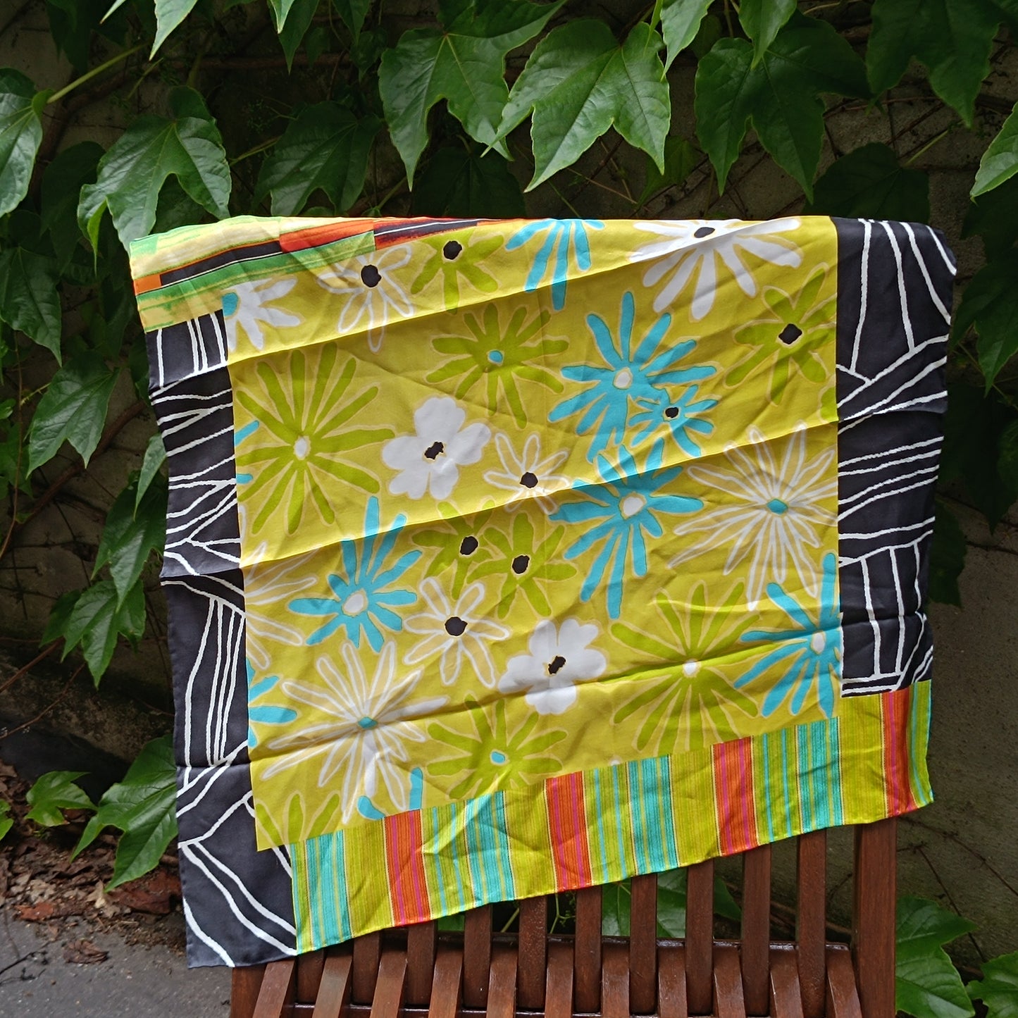 Vintage 60s Silk Scarf Flower Power Daisy Nicky Neckerchief Yellow Blue