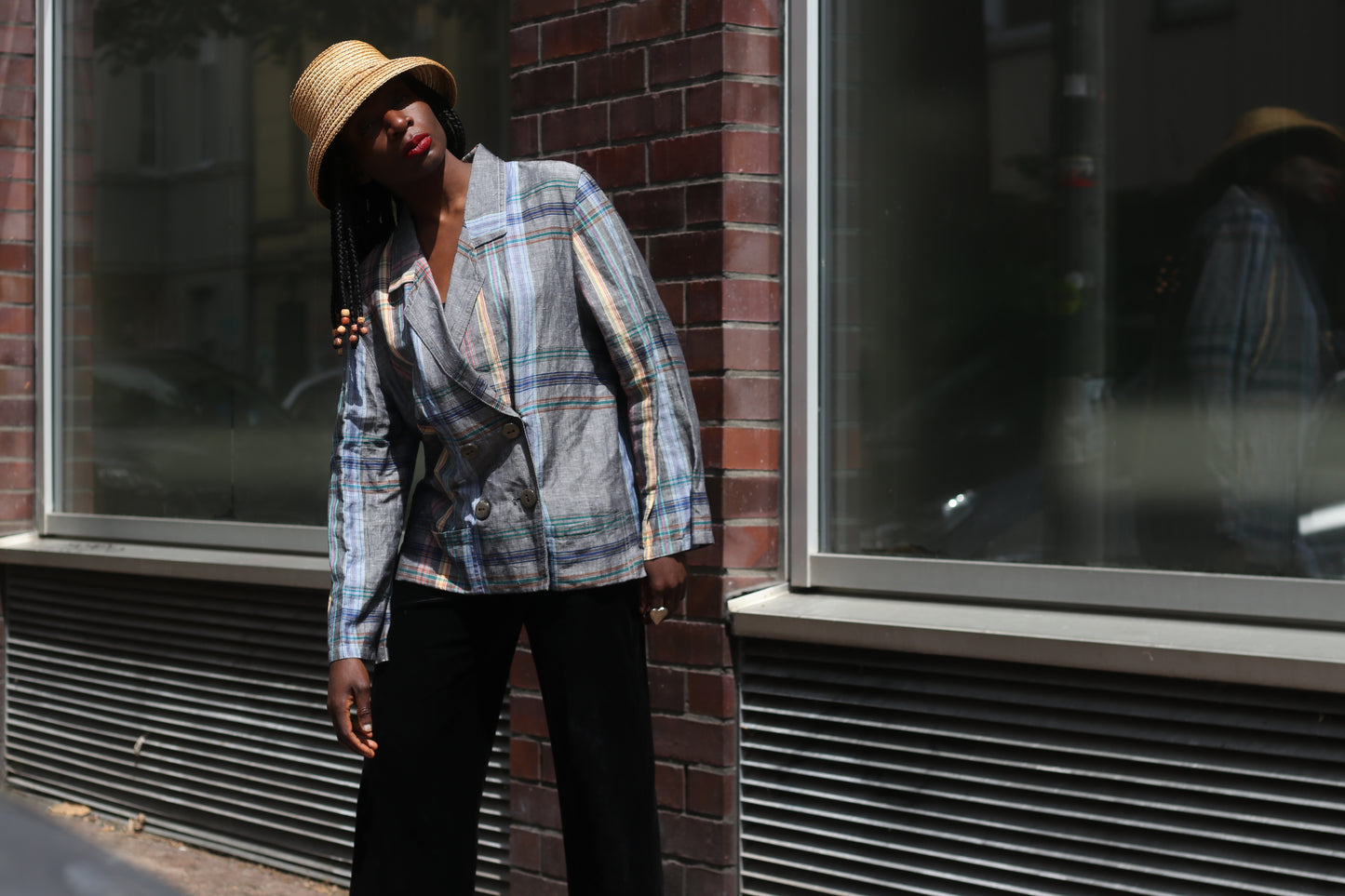 Vintage 80s Plaid Blazer Gray Tartan Check Double Breasted Light Summer Jacket
