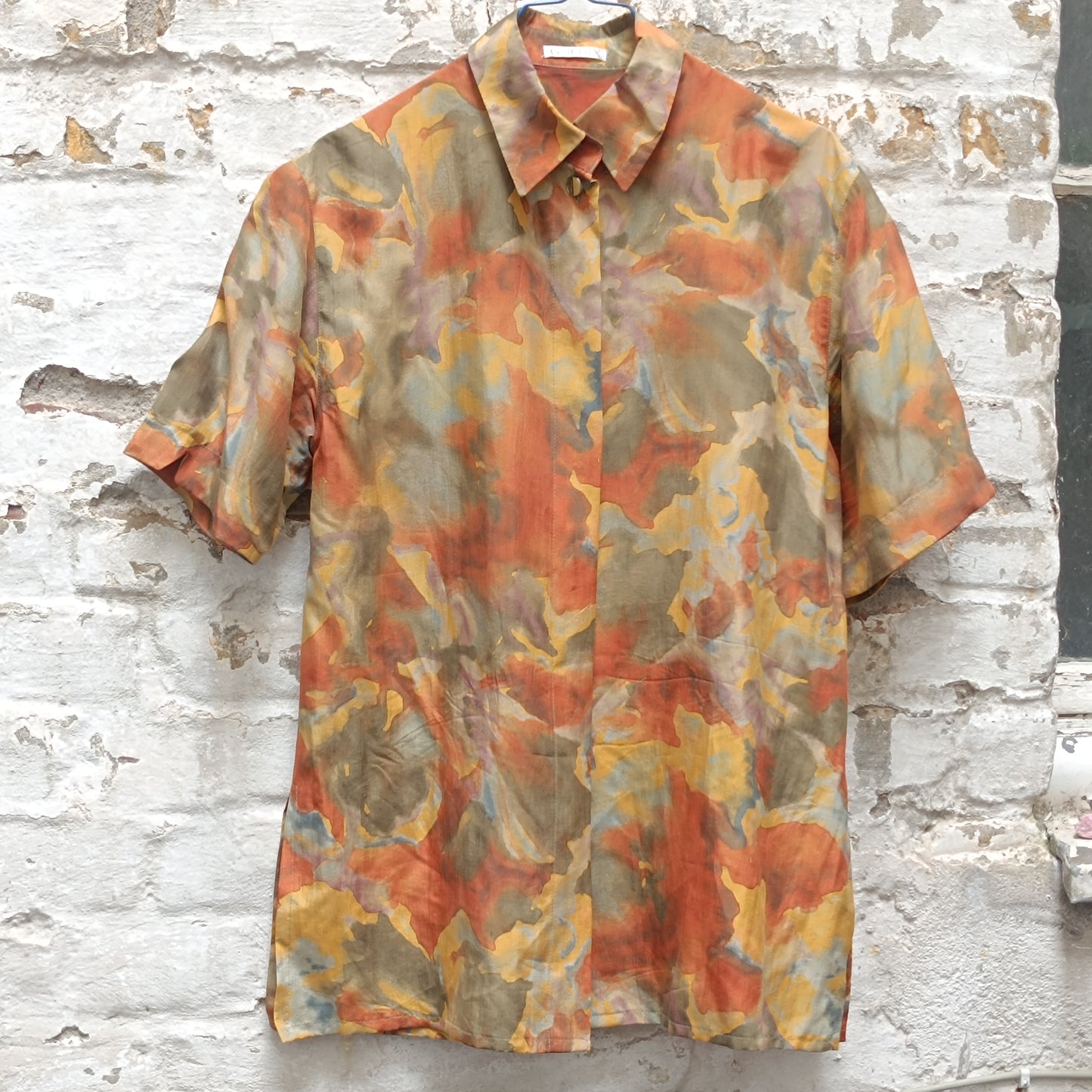 Vintage 1980s Silk Blouse Abstract Earthy Camo Print Short Sleeve Button Up Shirt