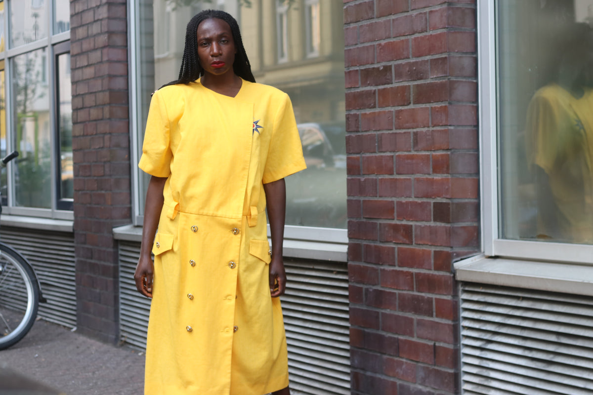 Vintage 80s Yellow Trench Dress | Short Sleeve Midi Shirtdress L to XL
