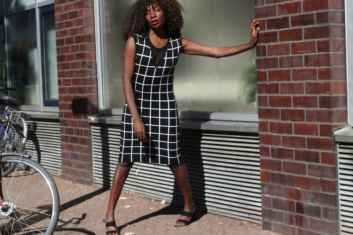 Grid Print Knit Dress | Black White Y2k Morgan Du Toi Sleeveless Bodycon