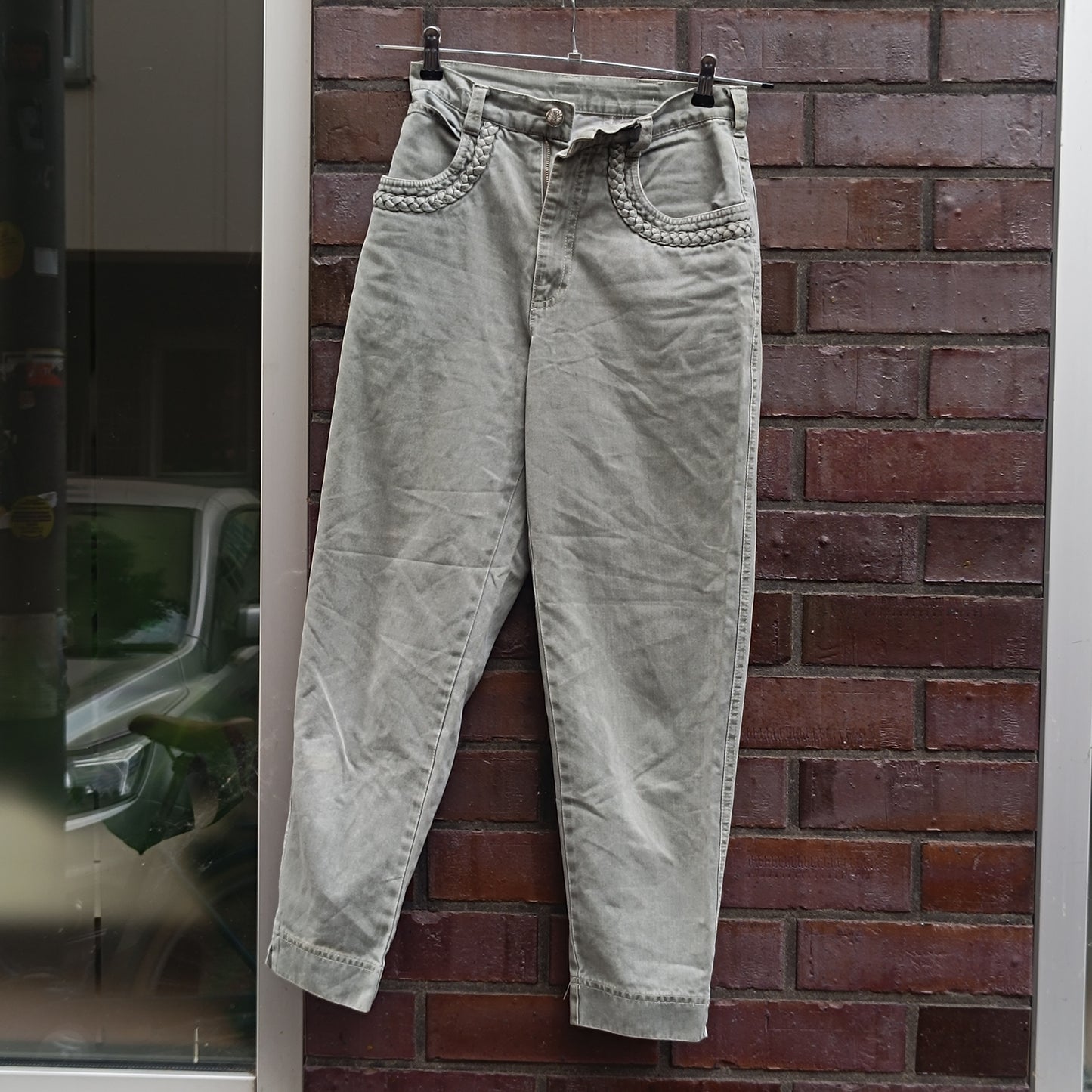 Vintage 1980s High Waisted Pants Sage Green Braided Pocket Tapered Denim Trousers