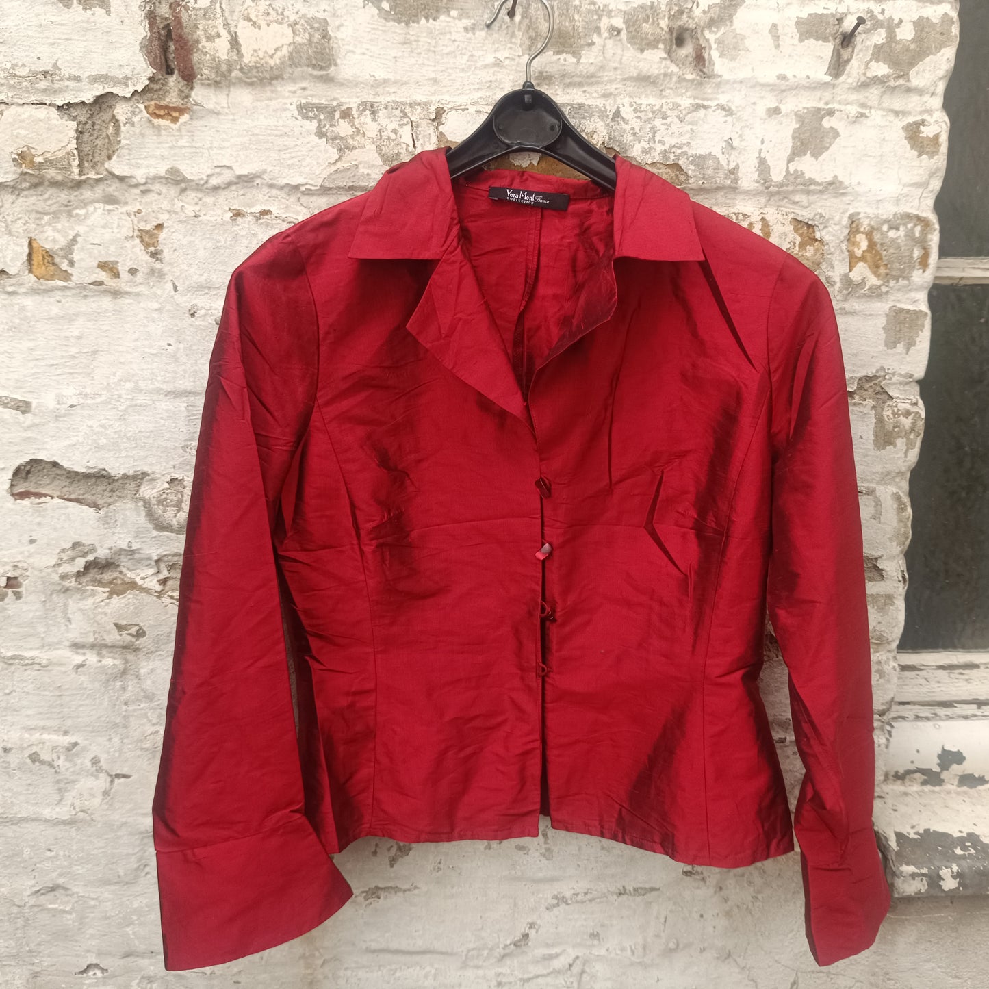 Vintage Metallic Red Silk Blouse | 90s Tailored Long Sleeve Top - XS/S