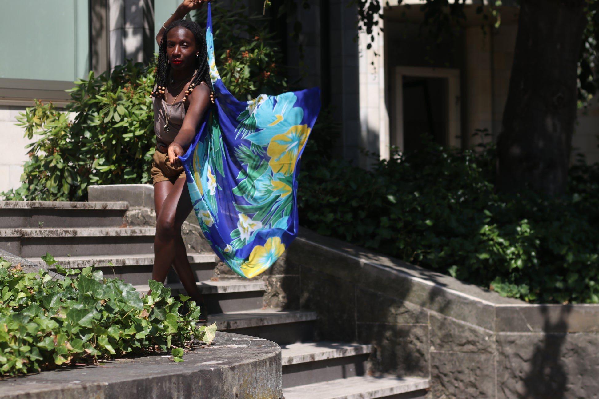 Vintage 1990s Tropical Floral Scarf - Blue Hibiscus Sarong Wrap