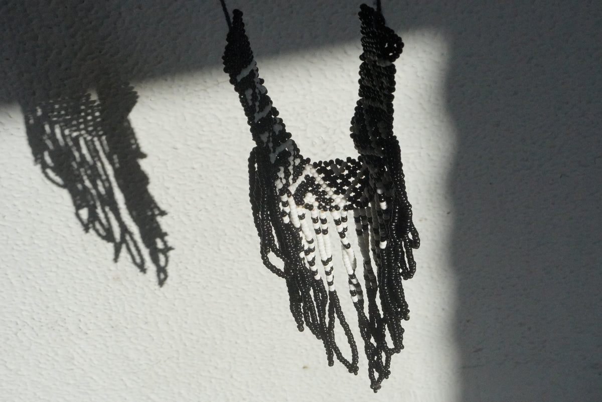 Beaded Statement Collar Necklace | Vintage Boho Geometric Fringe | Black White