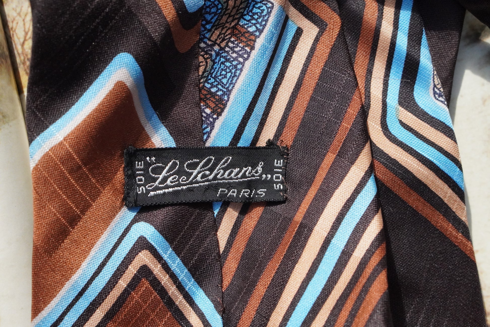 Le Schans Paris Vintage 1970s Silk Tie Geometric Abstract Brown Blue Retro Neckwear