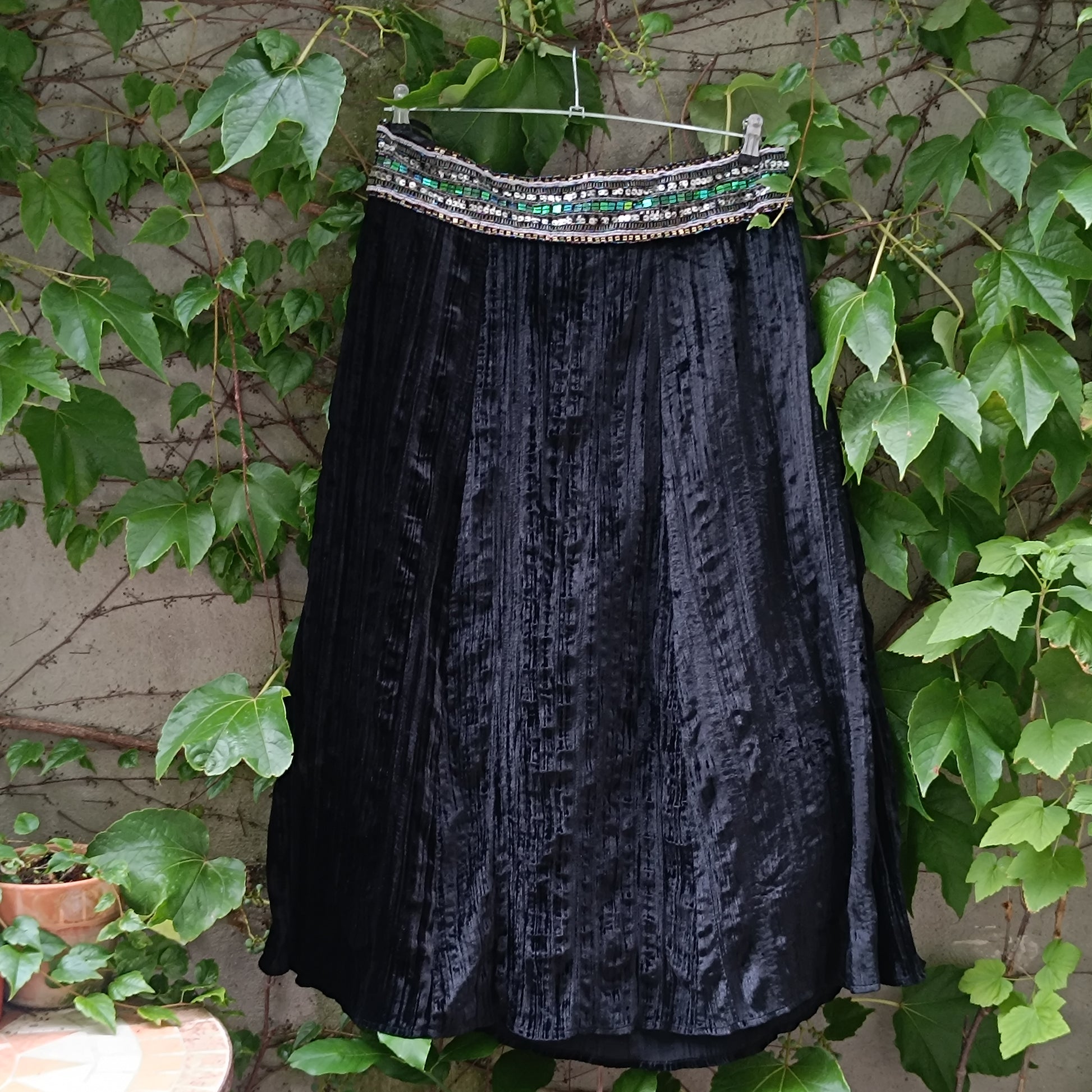 Vintage Velvet Midi Skirt | Y2K Black Crushed Velvet Beaded Skirt