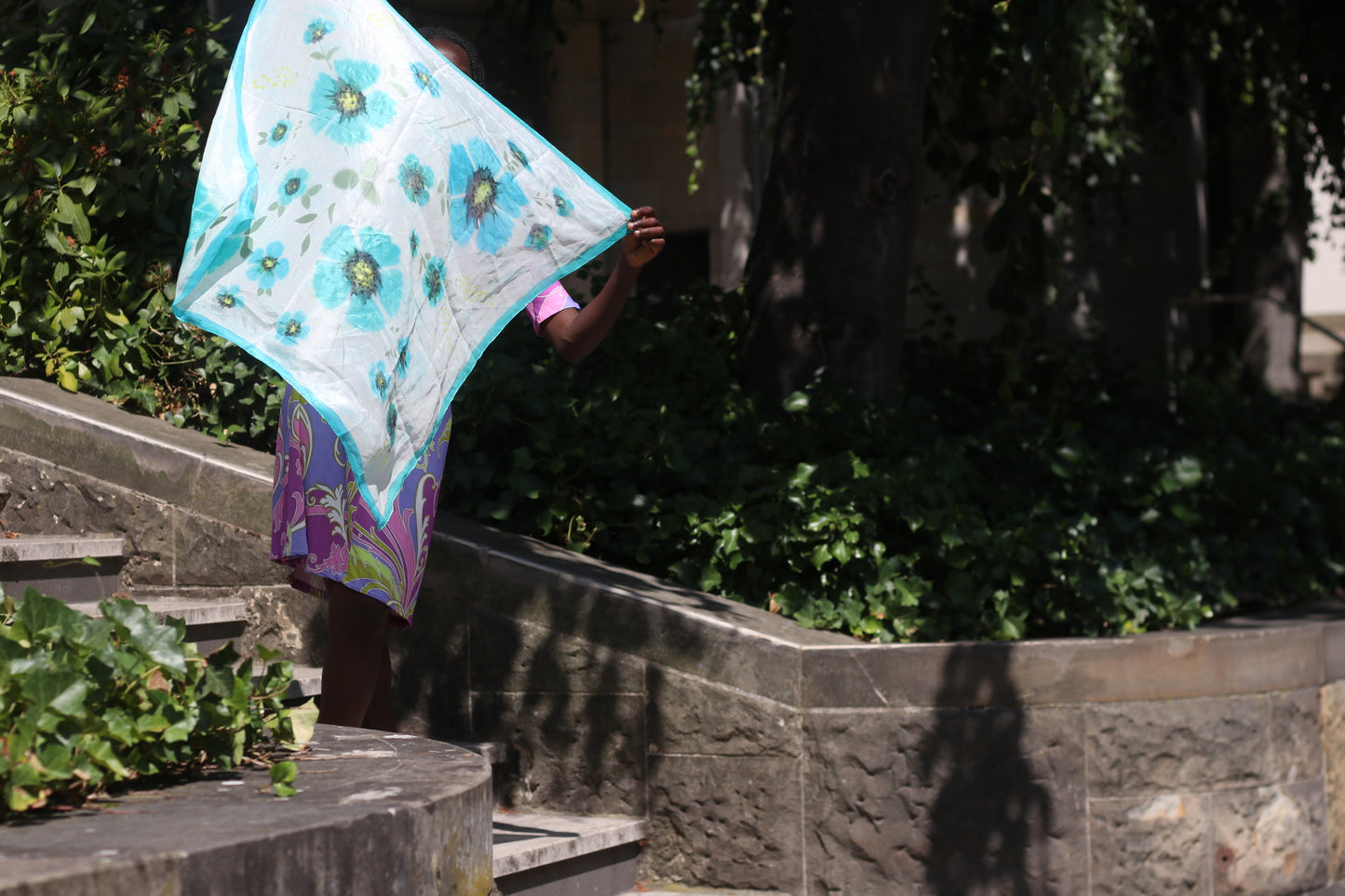 Vintage Hand Painted Silk Scarf - 90s Turquoise Floral Shawl