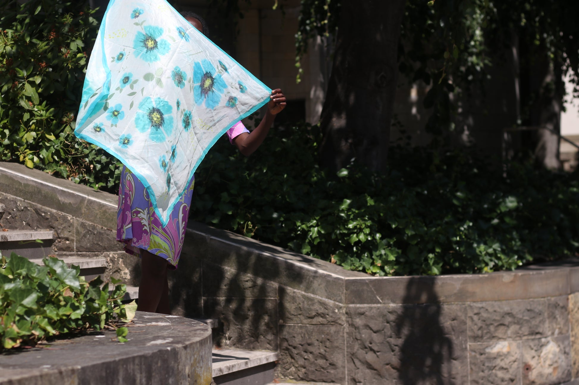 Vintage Hand Painted Silk Scarf - 90s Turquoise Floral Shawl
