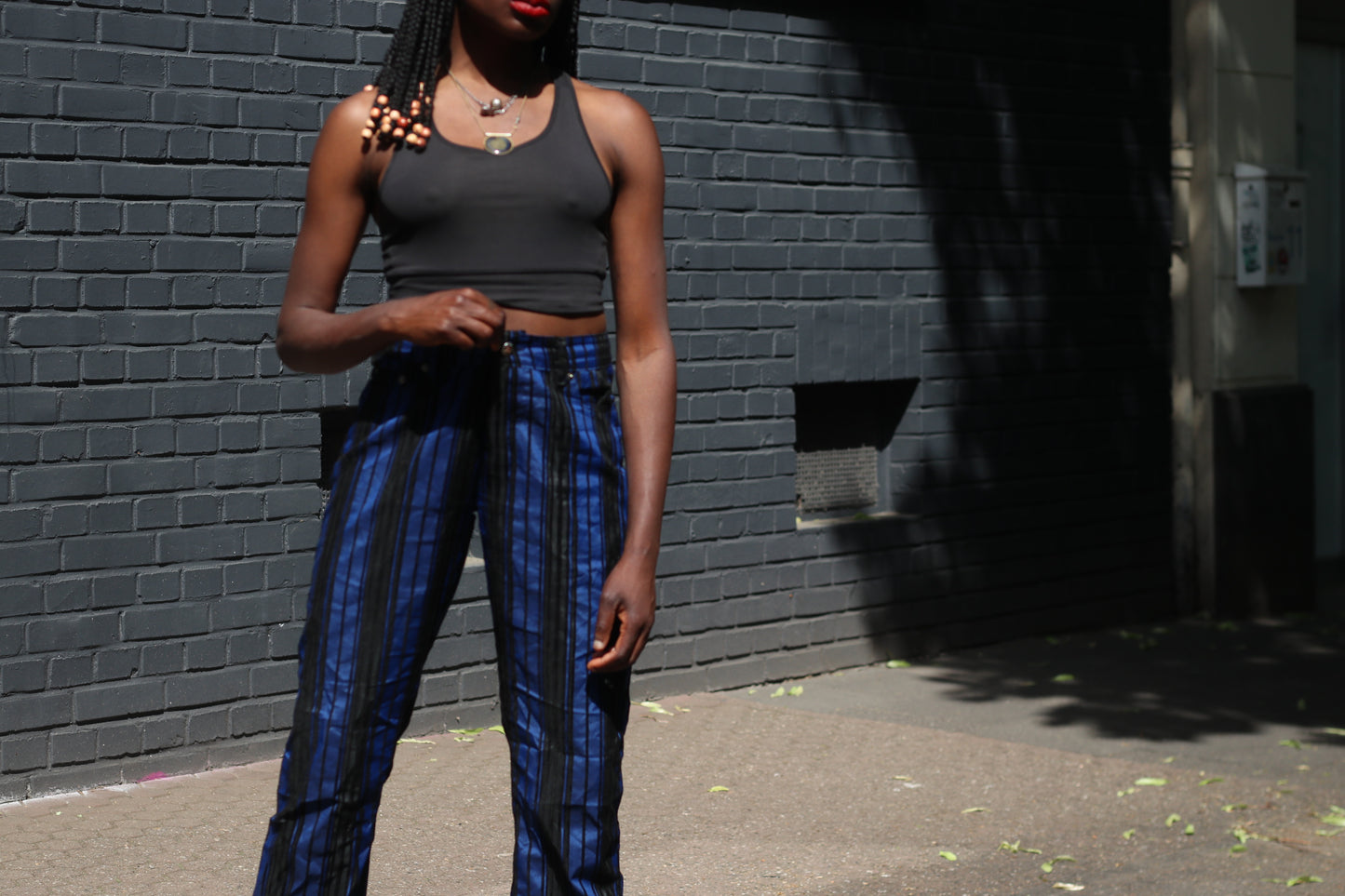 Vintage 80s Blue Striped Pants High Waisted Straight Leg Trousers Size M
