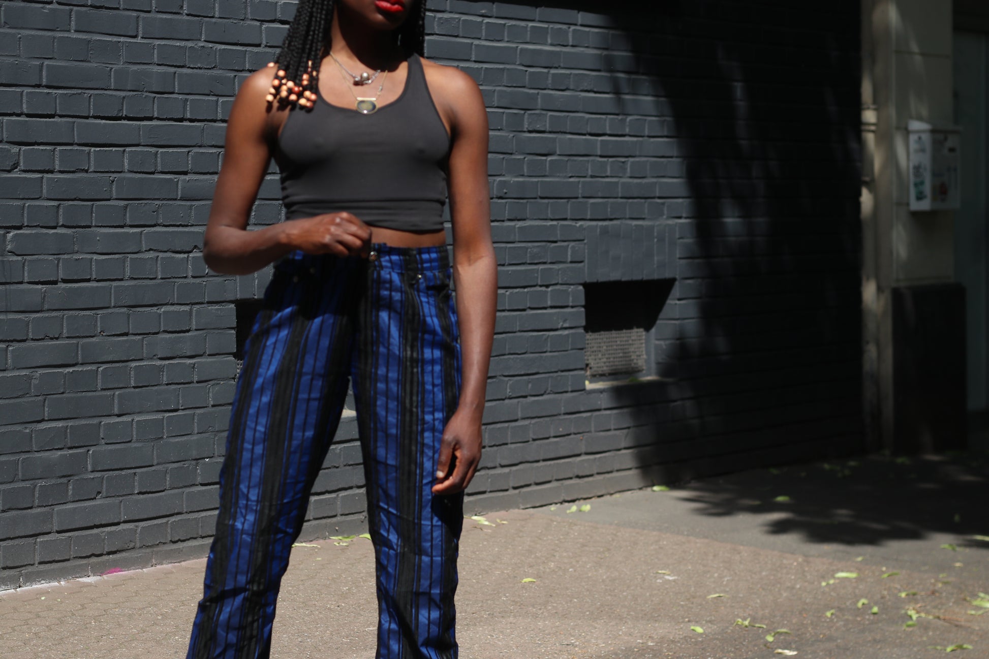 Vintage 80s Blue Striped Pants High Waisted Straight Leg Trousers Size M