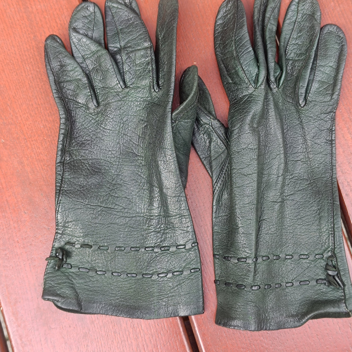 Vintage Leather Gloves | 80s Dark Green Stitching | Fits S
